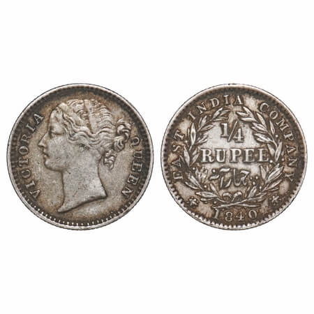 Victoria Queen, Silver, 1/4 Rupee, 1840, DL, Madras Mint, W.W. 'B' raised, Wreath with 10 