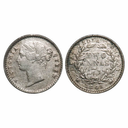 Victoria Queen, Silver, 2 Annas, 1841, DL, Calcutta Mint, W.W. raised, Wreath with 9 Berri