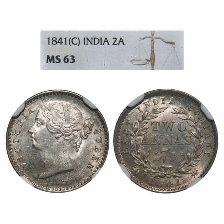 Victoria Queen, Silver, 2 Annas, 1841, DL, Calcutta Mint, W.W. raised, Wreath with 9 Berri