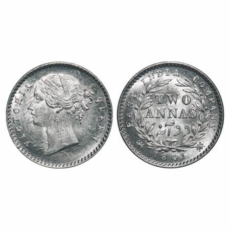 Victoria Queen, Silver, 2 Annas, 1841, DL, Calcutta Mint, W.W. raised, Wreath with 9 Berri
