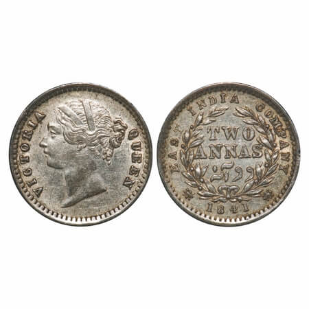 Victoria Queen, Silver, 2 Annas, 1841, DL, Madras Mint, 'S' incused, W.W. raised, Wreath w