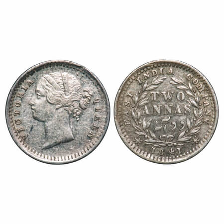 Victoria Queen, Silver, 2 Annas, 1841, DL, Madras Mint, 'S' incused, W.W. raised, Wreath w