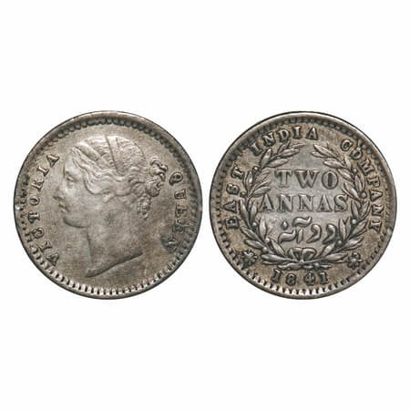 Victoria Queen, Silver, 2 Annas, 1841, DL, Bombay Mint, .W.W raised, Wreath with 9 Berries