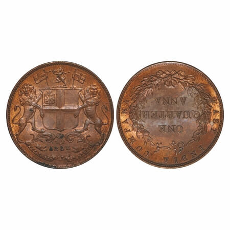 Victoria Queen, Copper, Quarter Anna, 1858, J. Watt & Co., Birmingham Mint, Single leaf, Y
