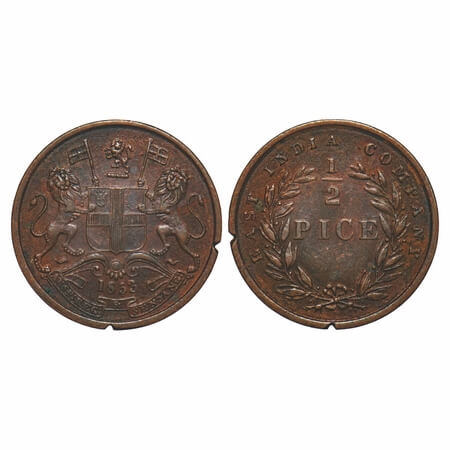 Victoria Queen, Copper, 1/2 Pice, 1853, Calcutta Mint, B/I, Elongated beads above year num