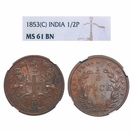 Victoria Queen, Copper, 1/2 Pice, 1853, Calcutta Mint, B/I, Wreath with 19 Berries (10L + 