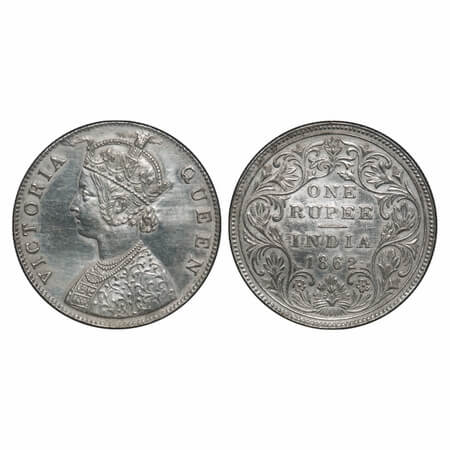Victoria Queen, Silver, Rupee, 1862, Calcutta Mint, B/II/0/0, Embroidery in high relief. F