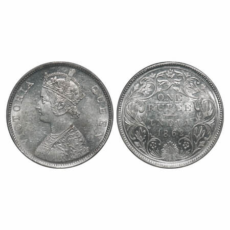 Victoria Queen, Silver, Rupee, 1862, Calcutta Mint, B/II/0/0, Embroidery in high relief. F