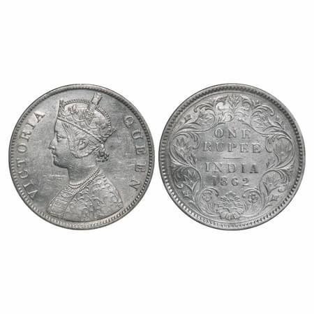 Victoria Queen, Silver, Rupee, 1862, Calcutta Mint, B/III, Embroidery in high relief. F. P