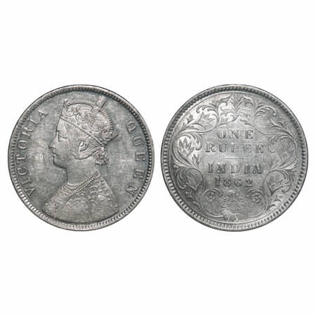 Victoria Queen, Silver, Rupee, 1862, Calcutta Mint, B/III, Embroidery in high relief. F. P