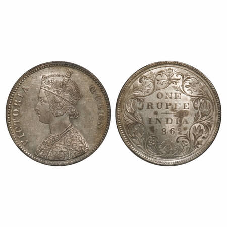 Victoria Queen, Silver, Rupee, 1862, Calcutta Mint, A/II, With initial 'J'. F. Prid 64. GK