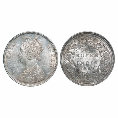Victoria Queen, Silver, Rupee, 1862, Calcutta Mint, A/II, w/o initial 'J', Die cracks on O