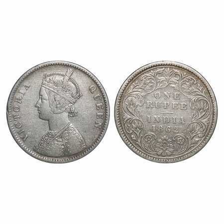 Victoria Queen, Silver, Rupee, 1862, Calcutta Mint, A/II, w/o initial 'J'. F. Prid 65. GK 