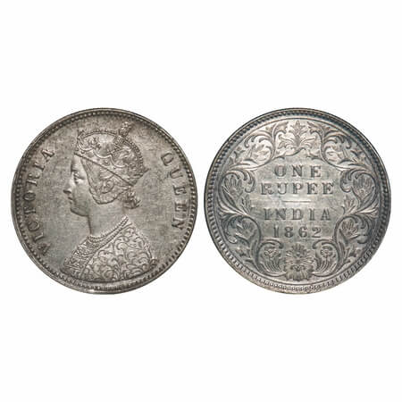 Victoria Queen, Silver, Rupee, 1862, Calcutta Mint, A/I, With initial 'J'. F. Prid 66. GK