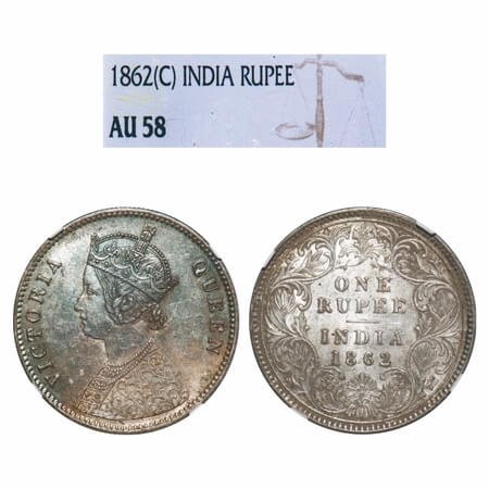 Victoria Queen, Silver, Rupee, 1862, Calcutta Mint, A/I, With initial 'J'. F. Prid 66. GK 