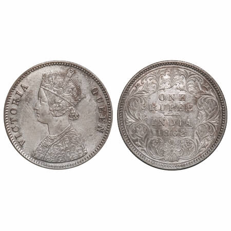 Victoria Queen, Silver, Rupee, 1862, Calcutta Mint, A/I, With initial 'J'. F. Prid 66. GK 