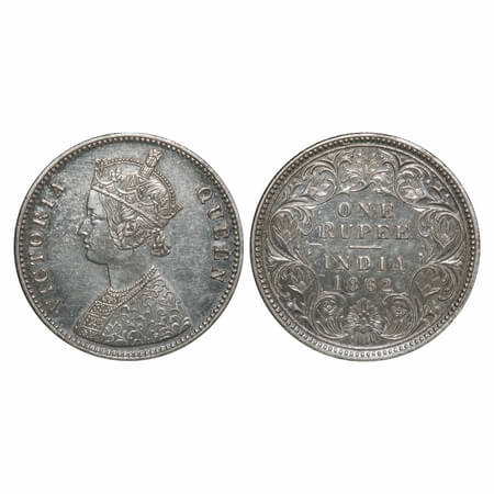 Victoria Queen, Silver, Rupee, 1862, Calcutta Mint, A/I, w/o initial 'J', Struck through E