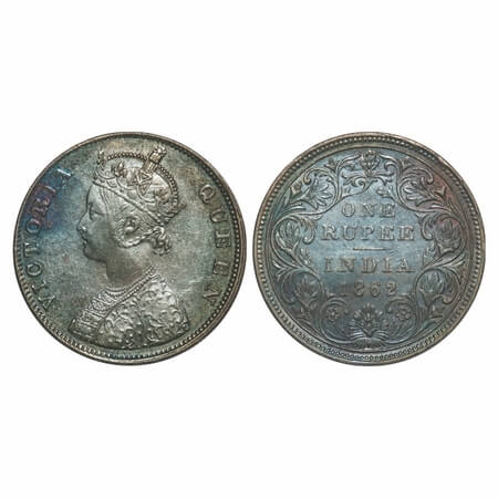Victoria Queen, Silver, Rupee, 1862, Madras Mint, B/II, With enclosed frame effect and w/o