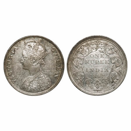 Victoria Queen, Silver, Rupee, 1862, Madras Mint, B/II/0/0, With enclosed frame effect and