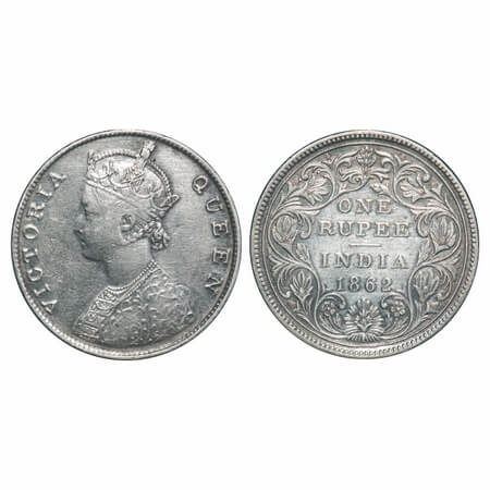 Victoria Queen, Silver, Rupee, 1862, Madras Mint, B/II/0/0, With enclosed frame effect and