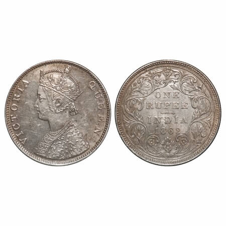 Victoria Queen, Silver, Rupee, 1862, Madras Mint, B/II/0/0, With enclosed frame effect and