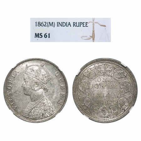 Victoria Queen, Silver, Rupee, 1862, Madras Mint, B1/II, w/o enclosed frame effect. F. Pri