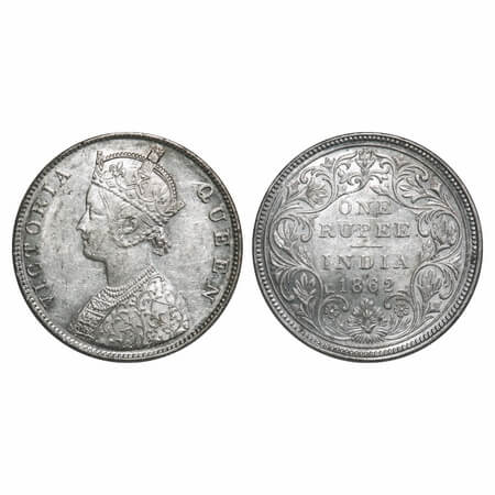 Victoria Queen, Silver, Rupee, 1862, Madras Mint, B1/II, w/o enclosed frame effect, Inclin