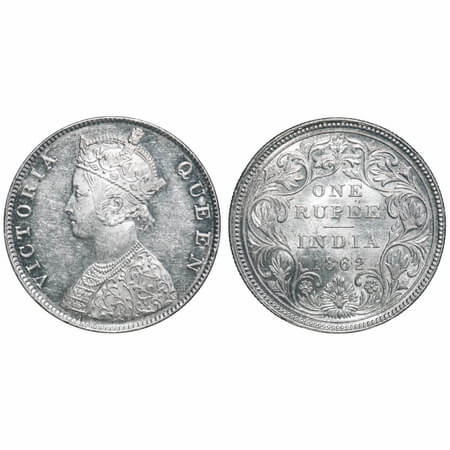 Victoria Queen, Silver, Rupee, 1862, Madras Mint, B1/II, w/o enclosed frame effect. F. Pri