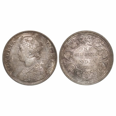 Victoria Queen, Silver, Rupee, 1862, Madras Mint, B1/II, w/o enclosed frame effect. F. Pri