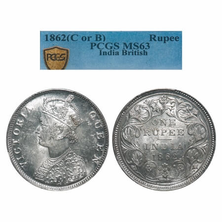 Victoria Queen, Silver, Rupee, 1862, Bombay Mint, B/II/0/0. F. Prid 58. GK 271. PCGS Slabb