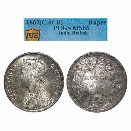 Victoria Queen, Silver, Rupee, 1862, Bombay Mint, B/II/0/0. F. Prid 58. GK 271. PCGS Slabb