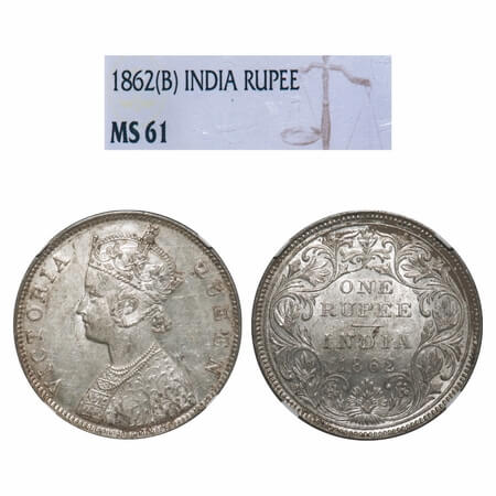 Victoria Queen, Silver, Rupee, 1862, Bombay Mint, B/II/2/0. F. Prid 71. GK 287. NGC Slabbe