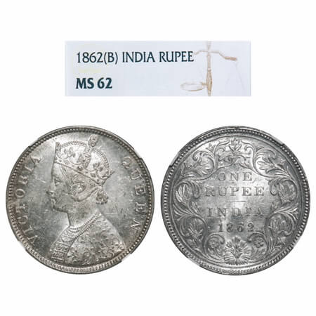 Victoria Queen, Silver, Rupee, 1862, Bombay Mint, B/II/2/0. F. Prid 71. GK 287. NGC Slabbe
