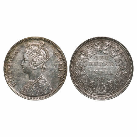 Victoria Queen, Silver, Rupee, 1862, Bombay Mint, A/II/0/4, w/o initial 'J'. F. Prid 79. G