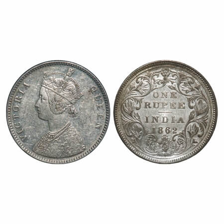 Victoria Queen, Silver, Rupee, 1862, Bombay Mint, A/II/0/4, w/o initial 'J'. F. Prid 79. G
