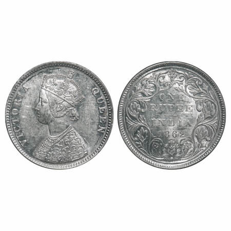 Victoria Queen, Silver, Rupee, 1862, Bombay Mint, A/II/0/4, w/o initial 'J', 4 dots arrang