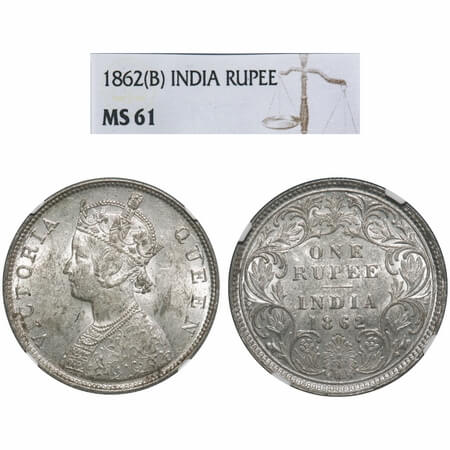 Victoria Queen, Silver, Rupee, 1862, Bombay Mint, B/I/0/4. F. Prid 80. GK 309. NGC Slabbed