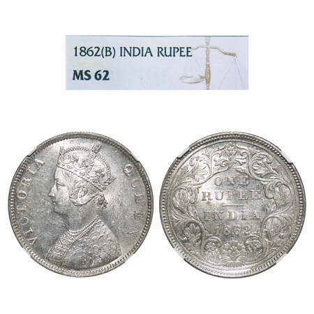 Victoria Queen, Silver, Rupee, 1862, Bombay Mint, B/II/0/4. F. Prid 81. GK 310. NGC Slabbe