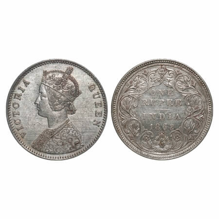 Victoria Queen, Silver, Rupee, 1862, Bombay Mint, A/II/0/5, Complete 'D' in India, w/o ini