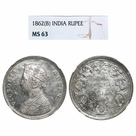 Victoria Queen, Silver, Rupee, 1862, Bombay Mint, A/II/0/5, With half bottom stroke of num
