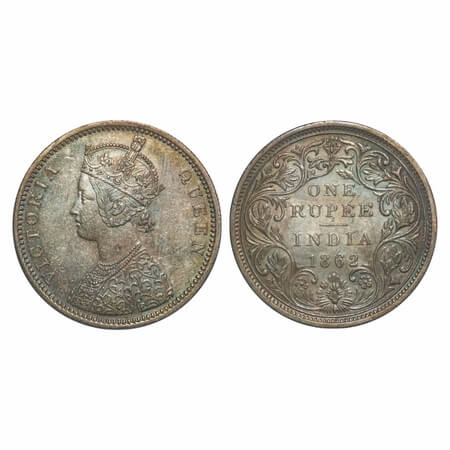 Victoria Queen, Silver, Rupee, 1862, Bombay Mint, A/II/0/7, With initial 'J', Inclined 1. 