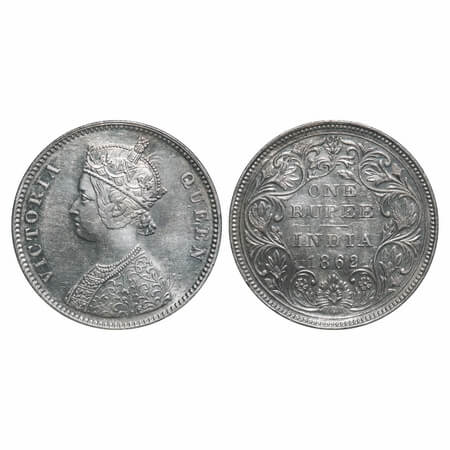 Victoria Queen, Silver, Rupee, 1862, Bombay Mint, A/II/0/10, w/o initial 'J'. F. Prid 93. 