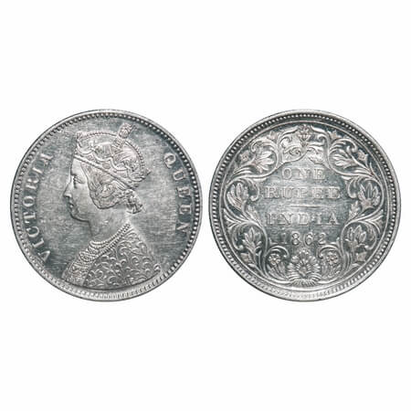 Victoria Queen, Silver, Rupee, 1862, Bombay Mint, A/II/0/10, w/o initial 'J', Flat shoulde