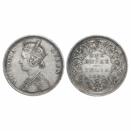 Victoria Queen, Silver, Rupee, 1862, Bombay Mint, A/II/0/10, w/o initial 'J', Flat shoulde