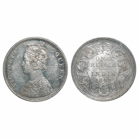Victoria Queen, Silver, Rupee, 1862, Bombay Mint, A/II/1/2, With initial 'J'. F. Prid 103.