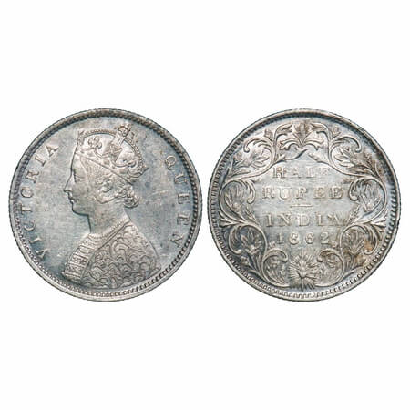 Victoria Queen, Silver, Half Rupee, 1862, Bombay Mint, B1/II, Round Pearls, Five petals fl
