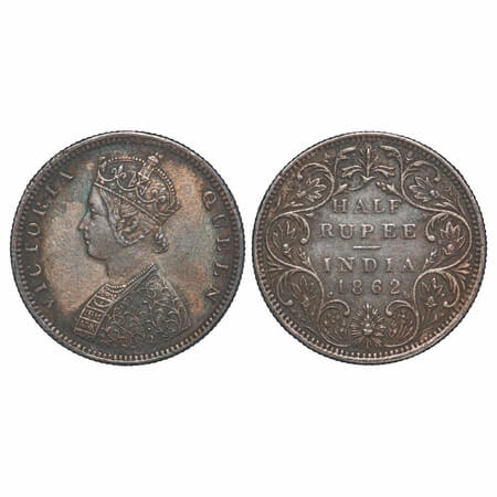 Victoria Queen, Silver, Half Rupee, 1862, Bombay Mint, B2/II, Round Pearls, Five petals fl