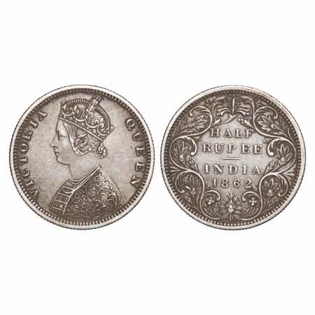 Victoria Queen, Silver, Half Rupee, 1862, Madras Mint, B1/II, Elongated Pearls, Five petal