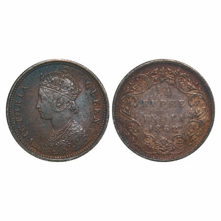 Victoria Queen, Silver, 1/4 Rupee, 1862, Bombay Mint, A/I. F. Prid 377. GK 377. Very Fine+