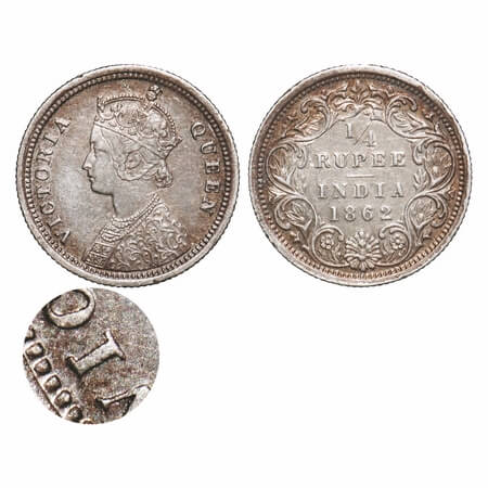 Victoria Empress, Silver, 1/4 Rupee, 1862, Madras Mint, A/I, Error, 1st letter 'I' in Vict